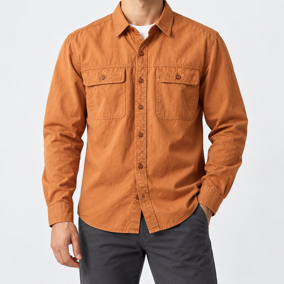 Leo 100% cotton retro utility shirt in orange, front worn view