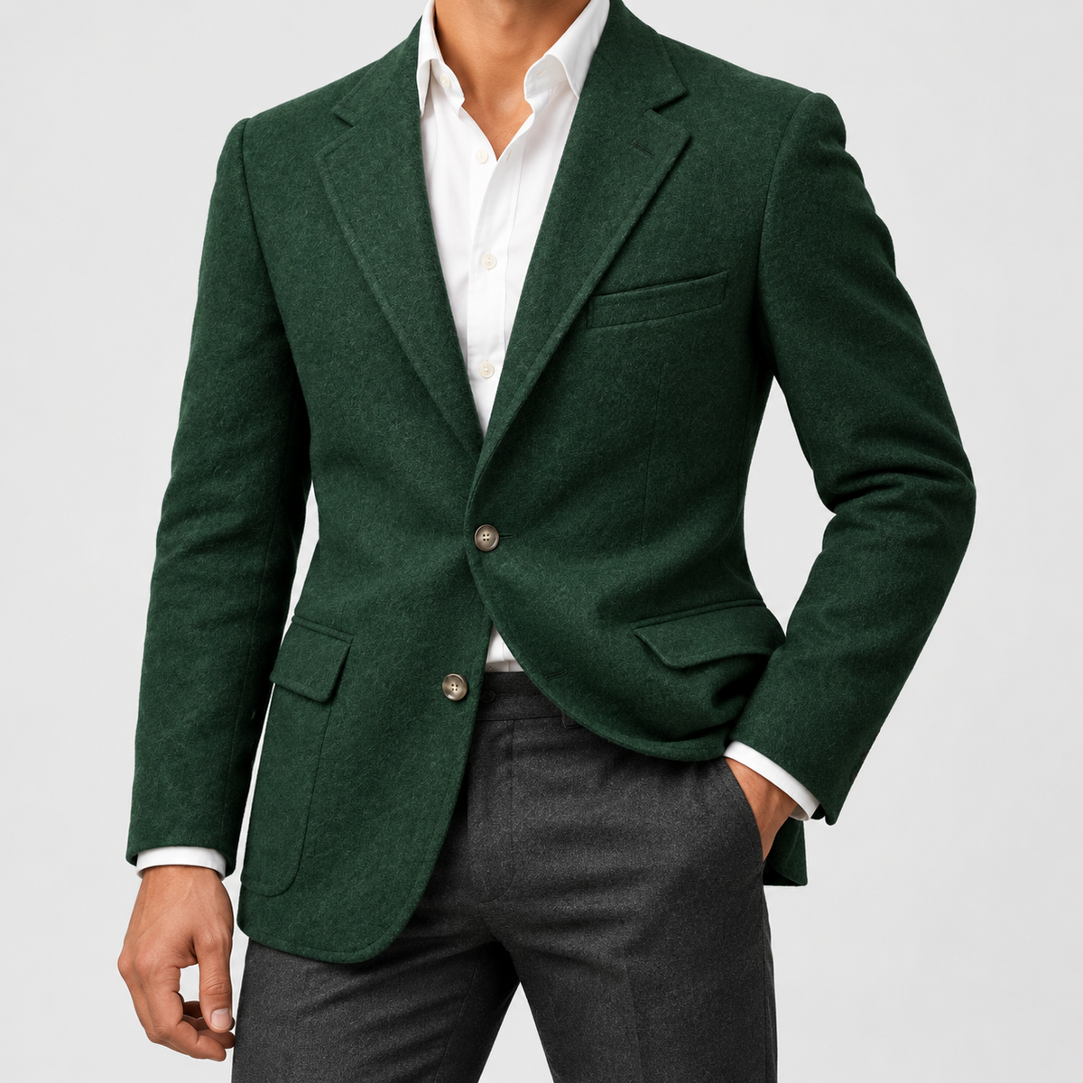 Leo slim fit elegant suit blazer in green, side worn view