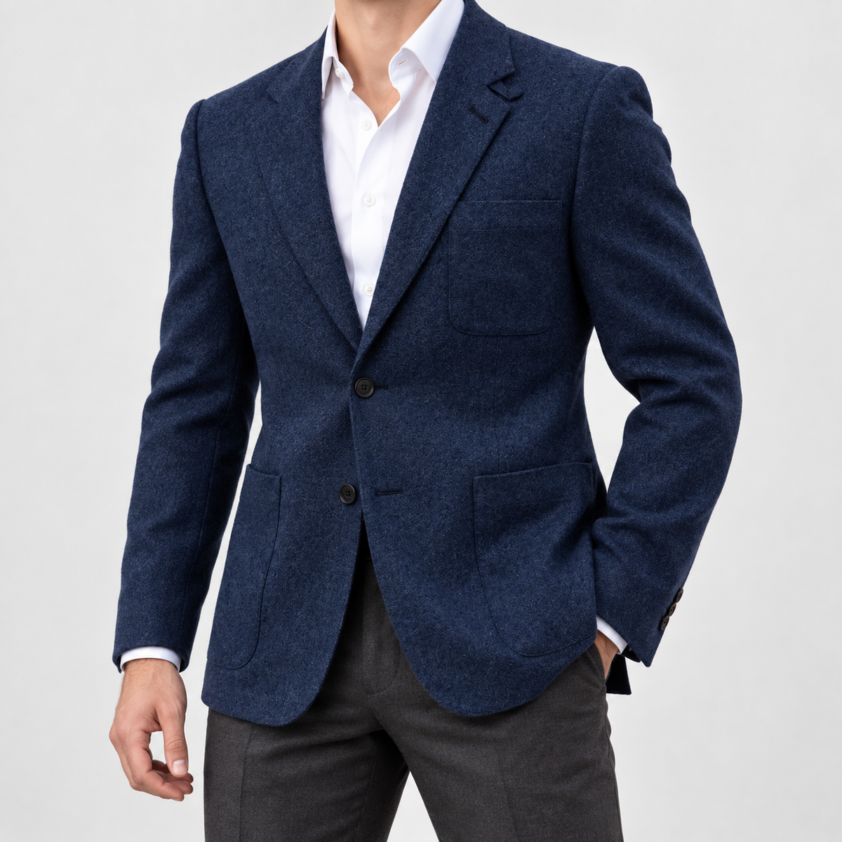 Leo slim fit elegant suit blazer in navy blue, side worn view