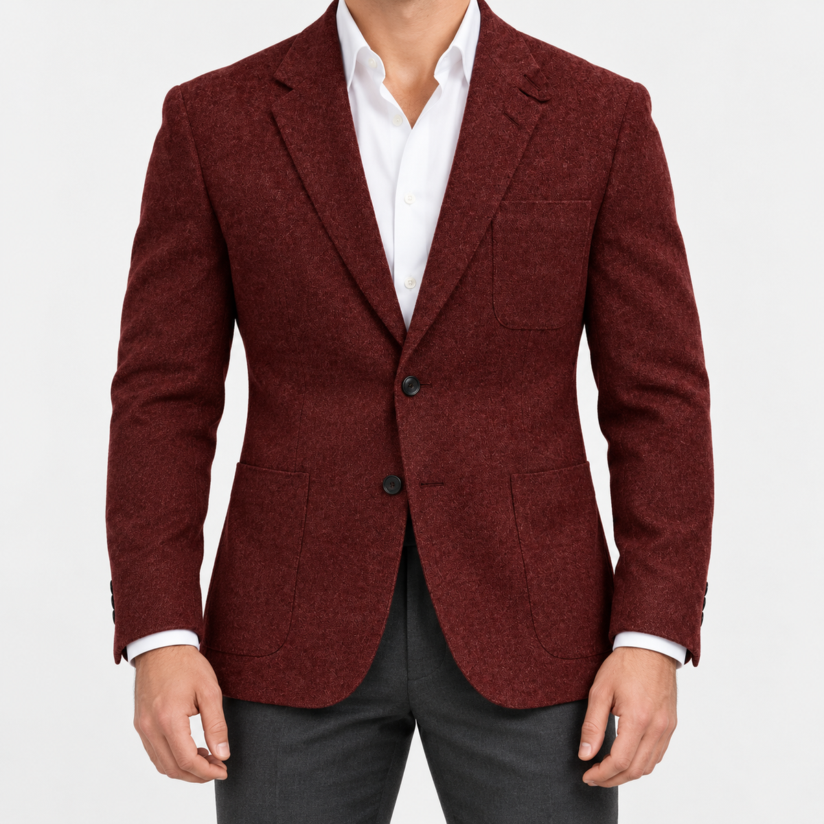 Leo slim fit elegant suit blazer in burgundy, front worn view