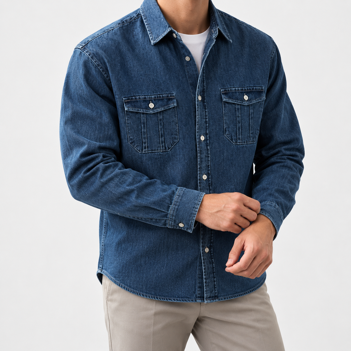 Leo casual spring denim shirt in dark blue, side worn view