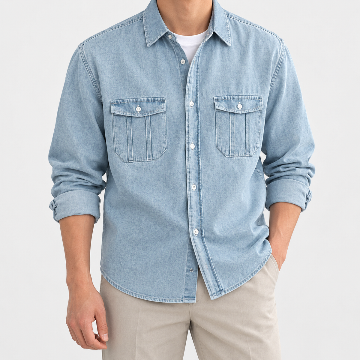 Leo casual spring denim shirt in light blue, front worn view