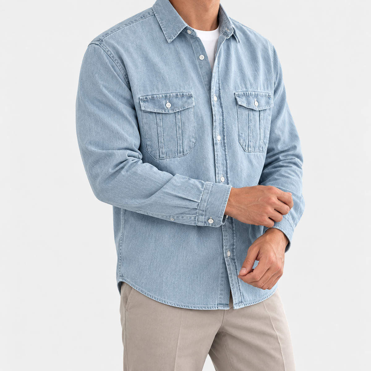 Leo casual spring denim shirt in light blue, side worn view
