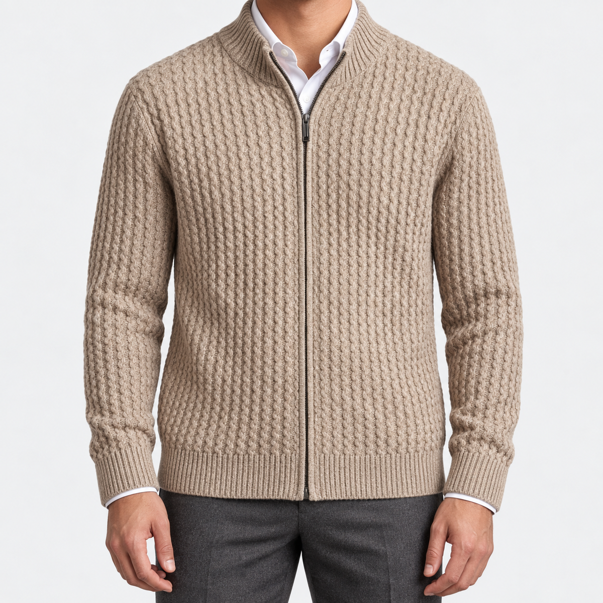 Men's merino wool zip-collar cardigan in camel, front worn view