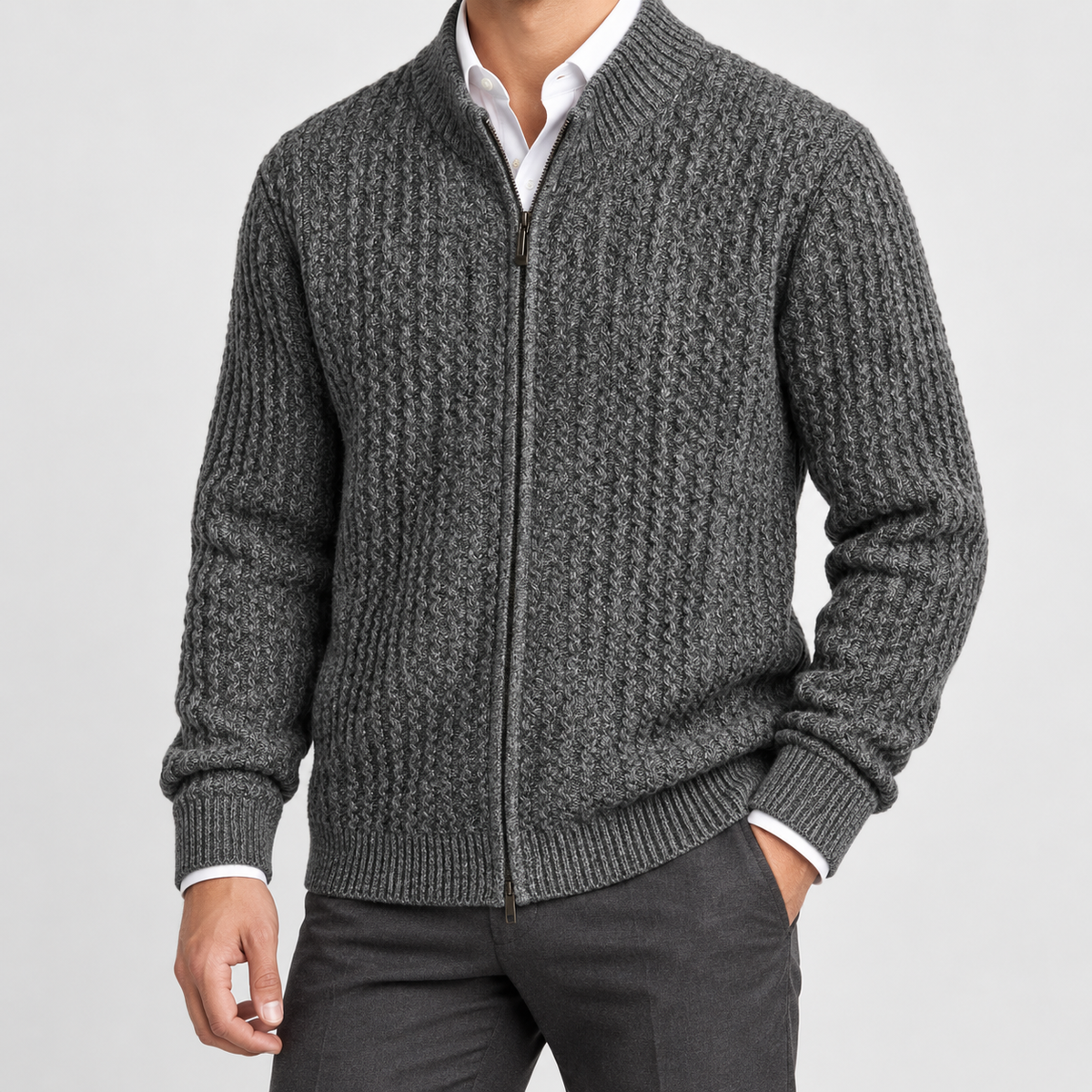 Men's merino wool zip-collar cardigan in dark grey, side worn view