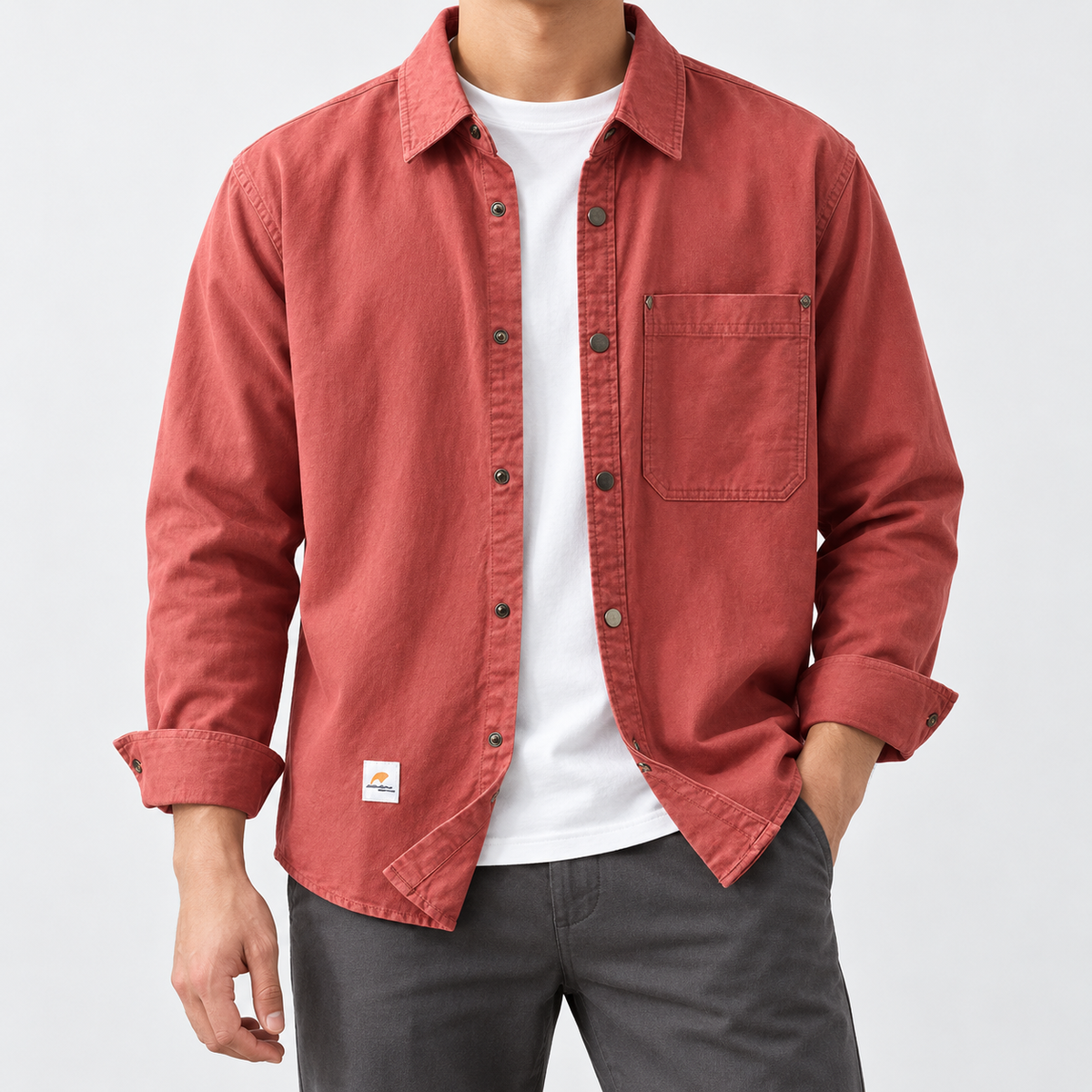 Leo new york casual shirt in red, front worn view