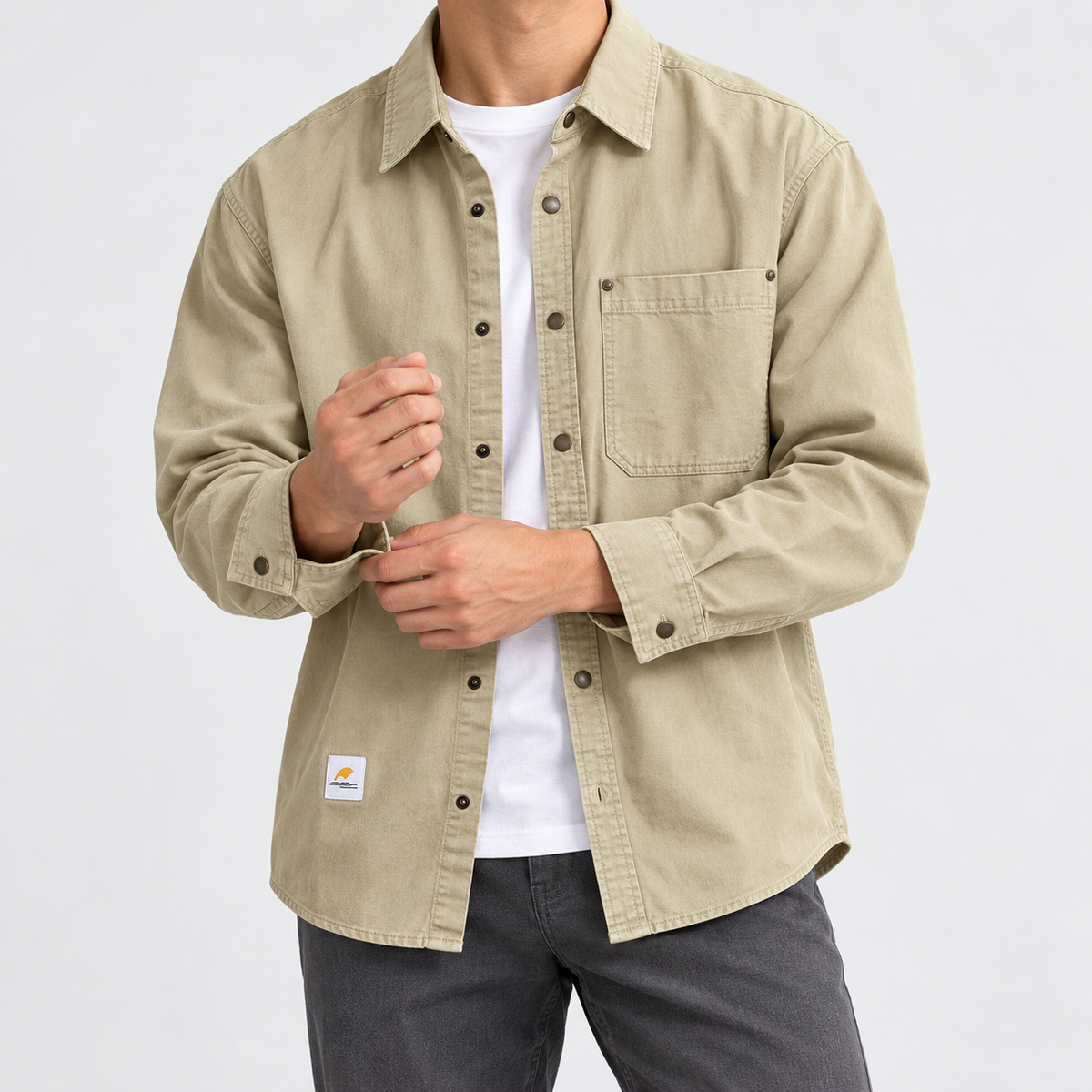 Leo new york casual shirt in khaki, side worn view