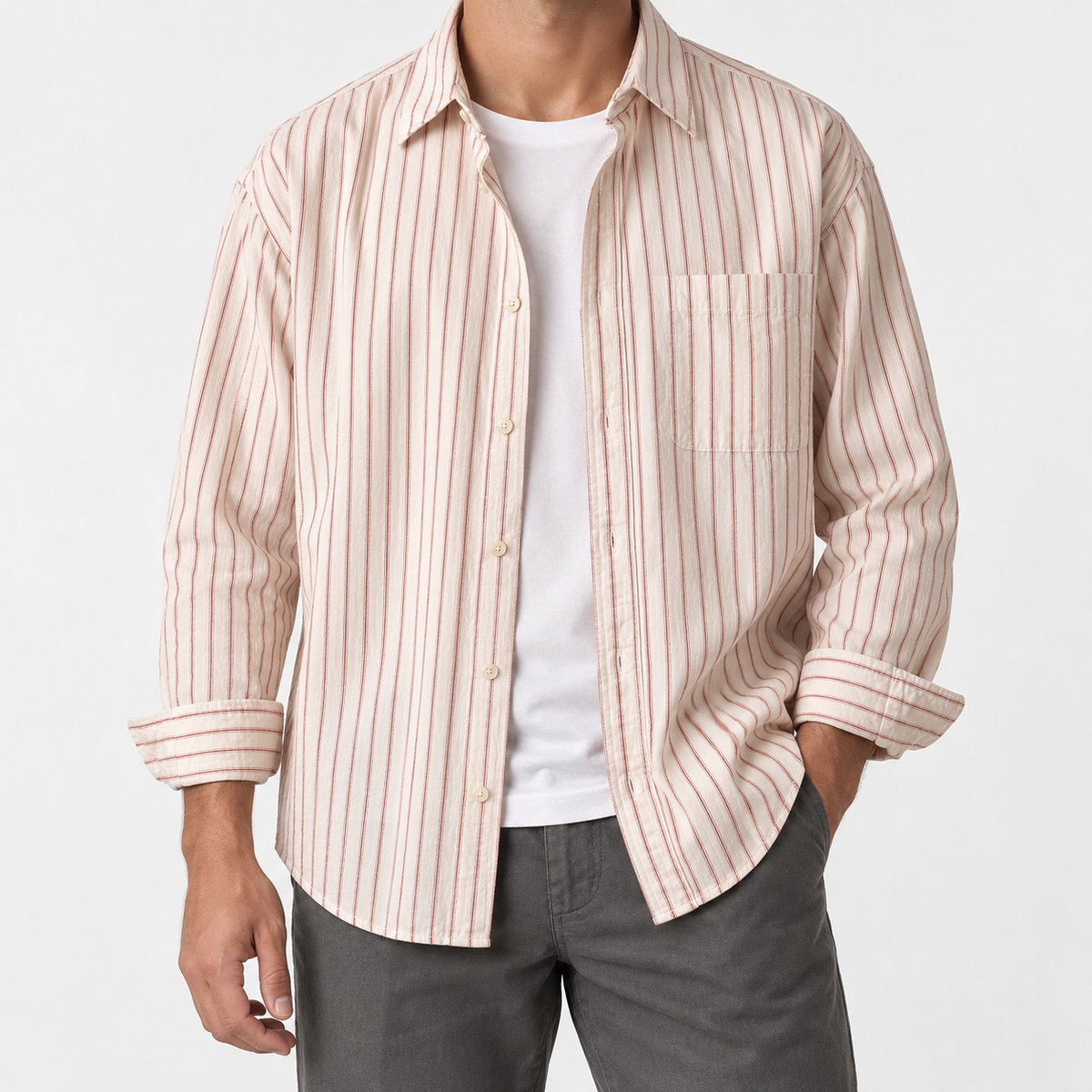 Leo cotton-linen striped shirt in red, front worn view