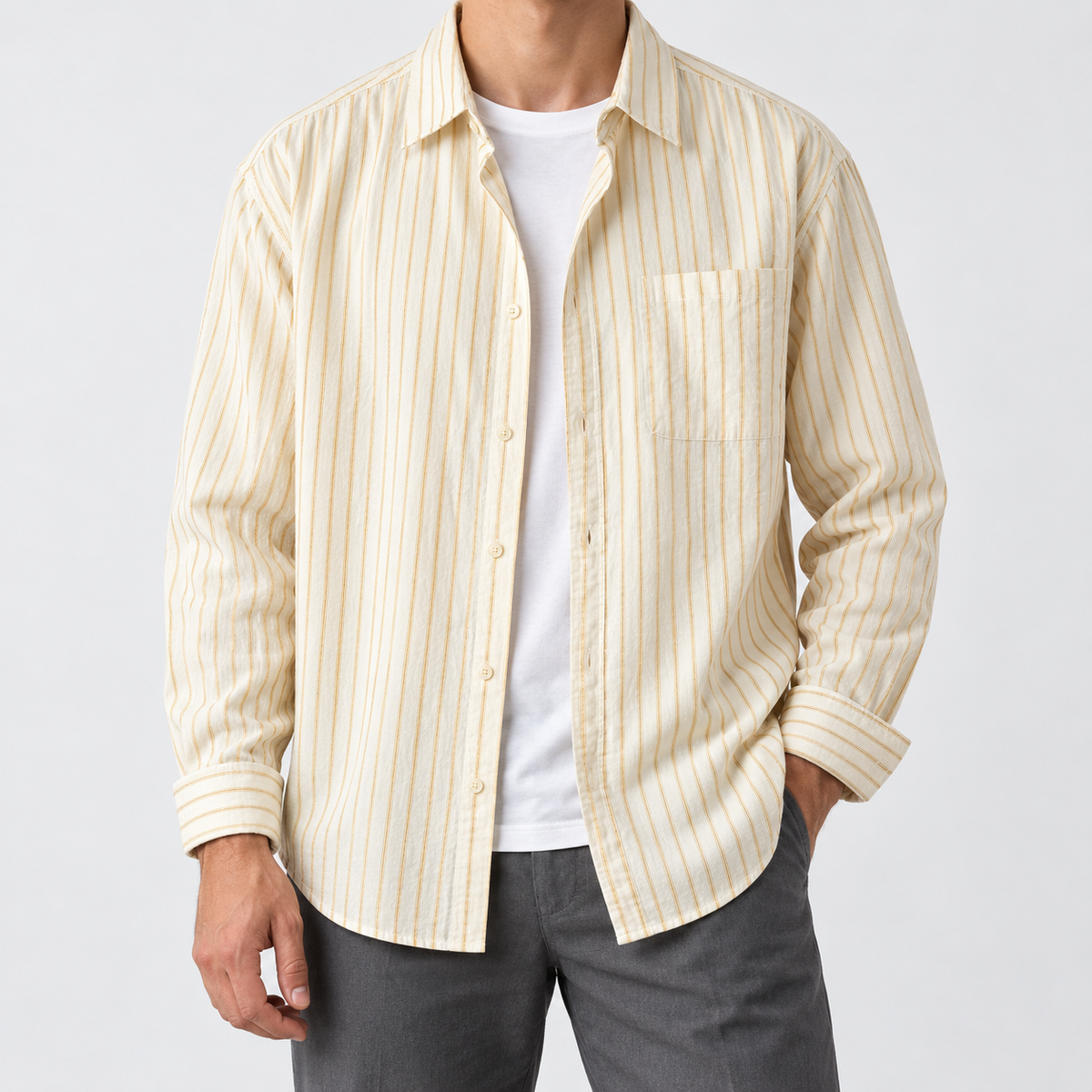 Leo cotton-linen striped shirt in yellow, front worn view