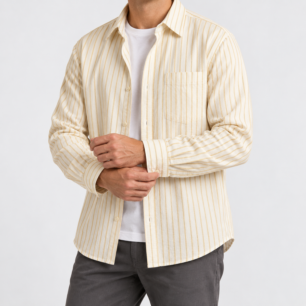 Leo cotton-linen striped shirt in yellow, side worn view