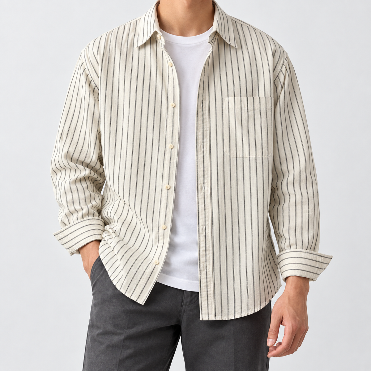 Leo cotton-linen striped shirt in black, front worn view
