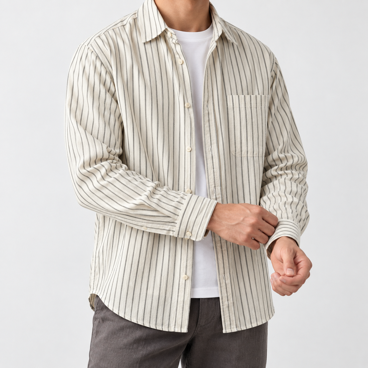 Leo cotton-linen striped shirt in black, side worn view