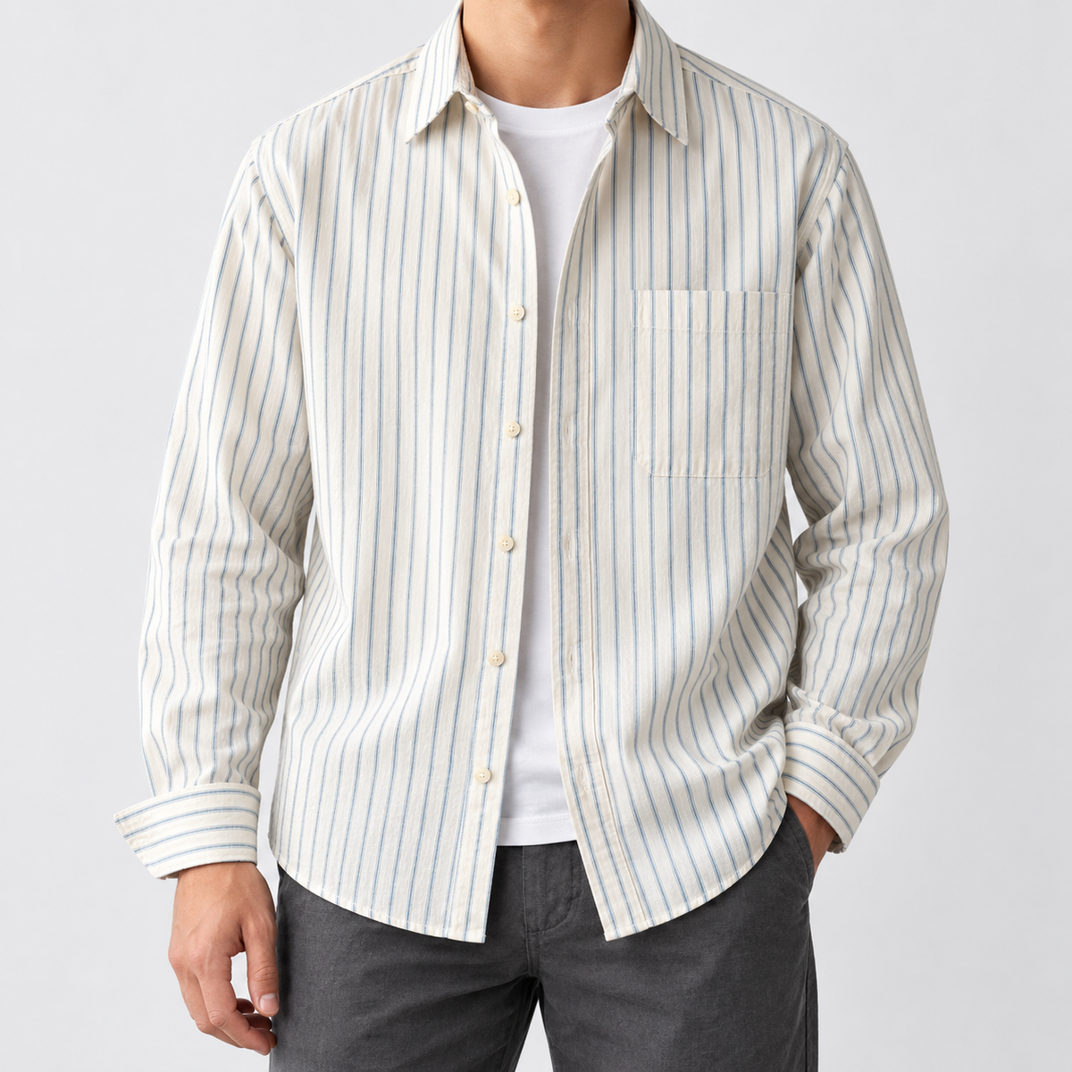 Leo cotton-linen striped shirt in blue, front worn view