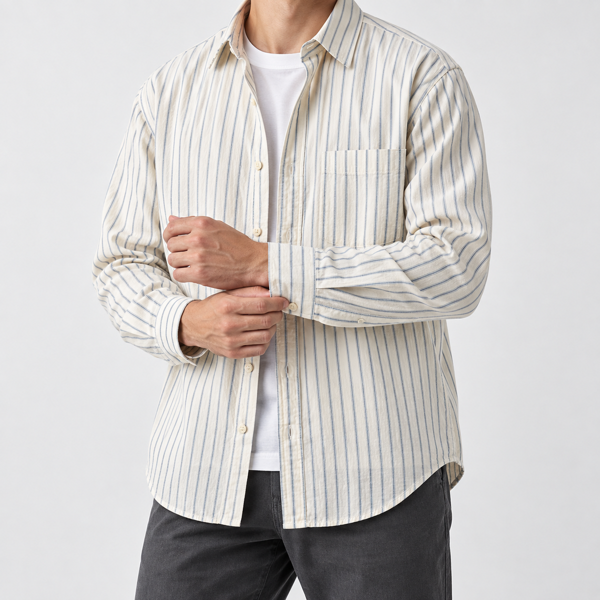 Leo cotton-linen striped shirt in blue, side worn view