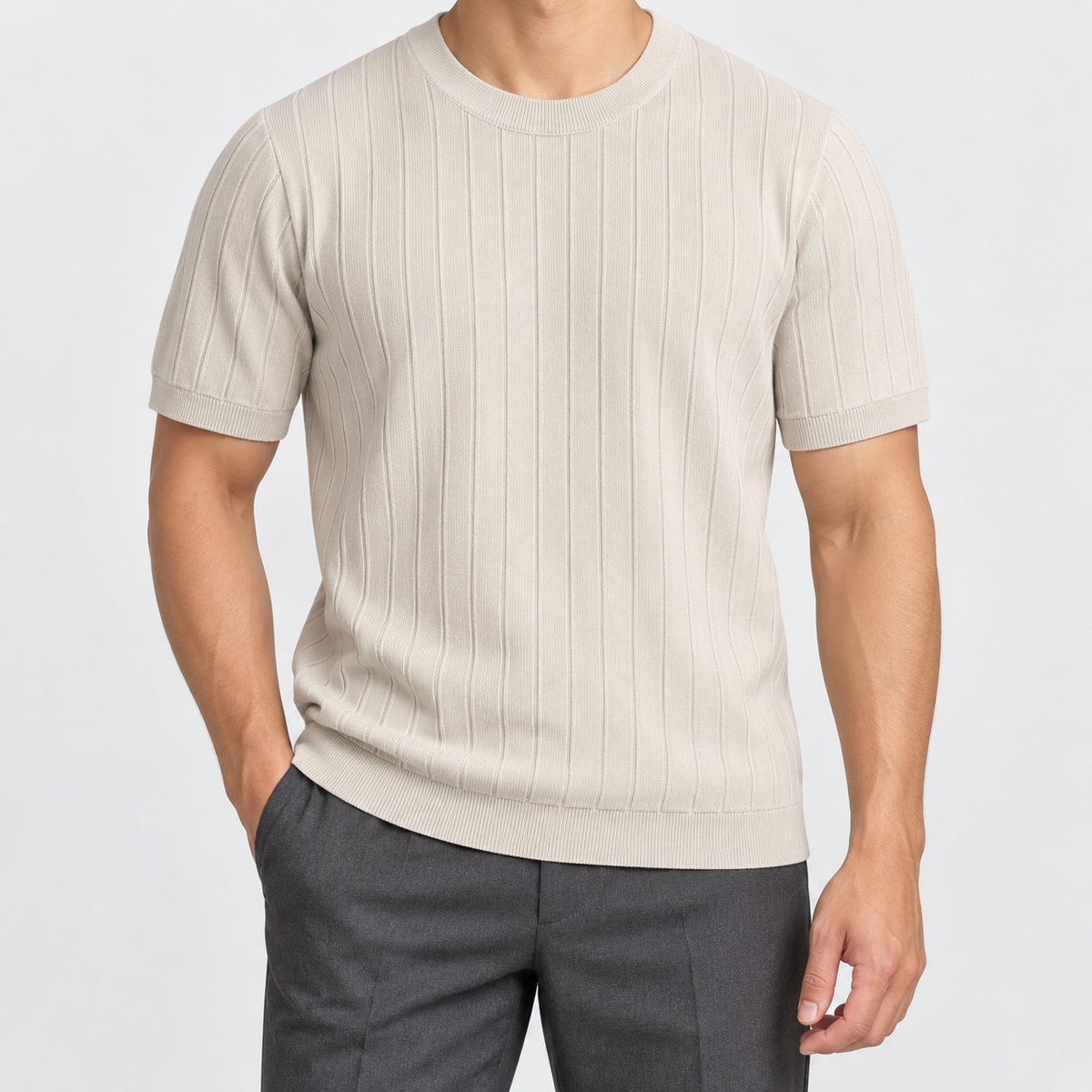 Leo business striped design t-shirt in khaki, front worn view