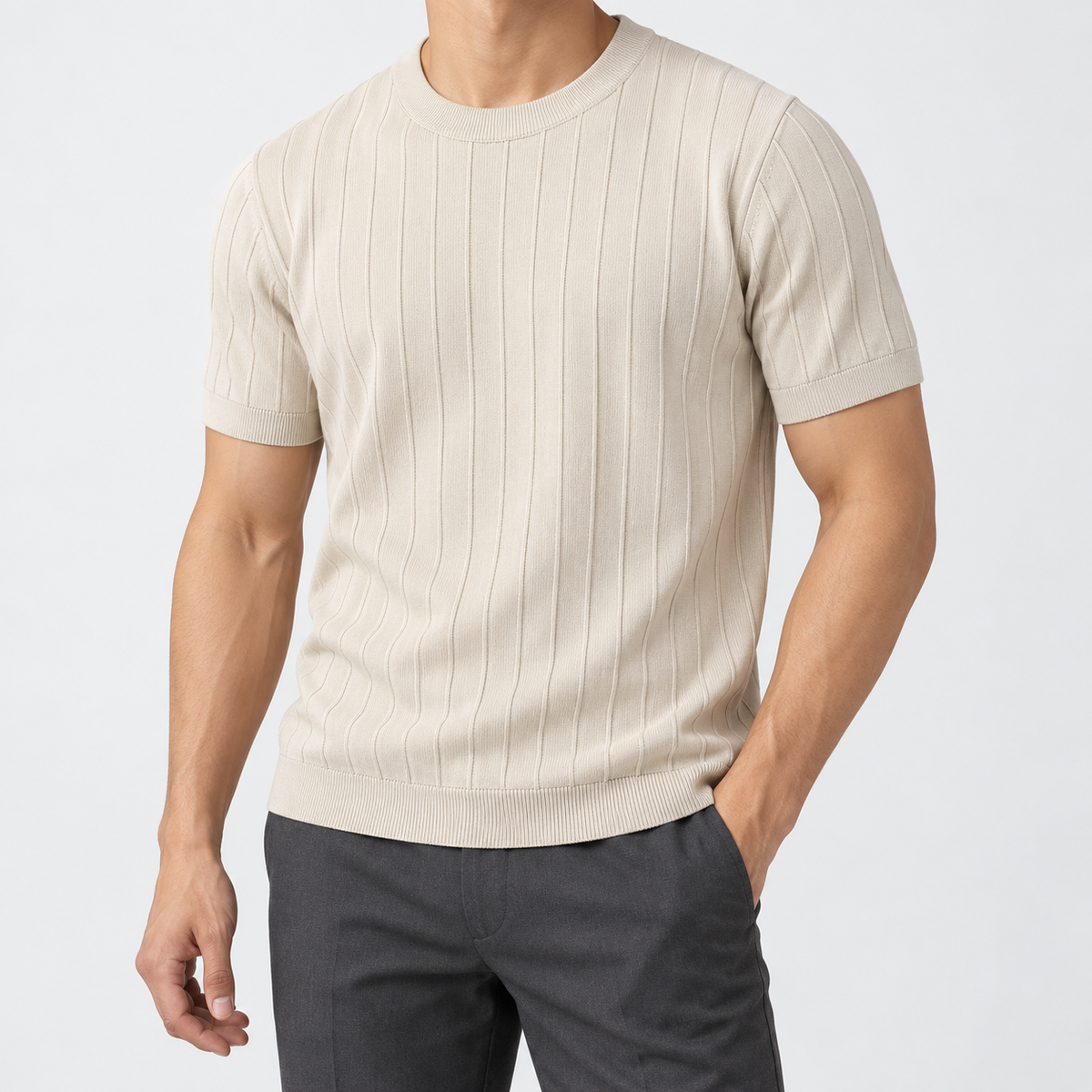 Leo business striped design t-shirt in khaki, side worn view