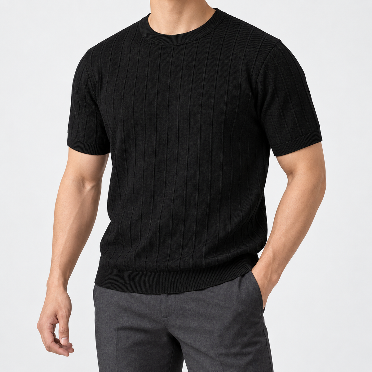 Leo business striped design t-shirt in black, side worn view