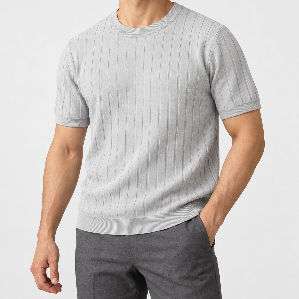 Leo business striped design t-shirt in gray, side worn view