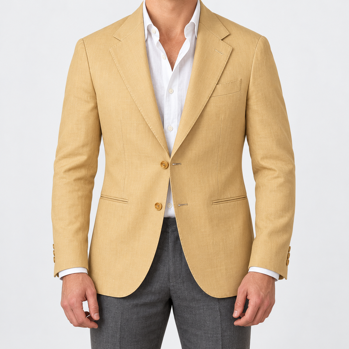 Leo linen cotton blend casual suit jacket in yellow, front worn view