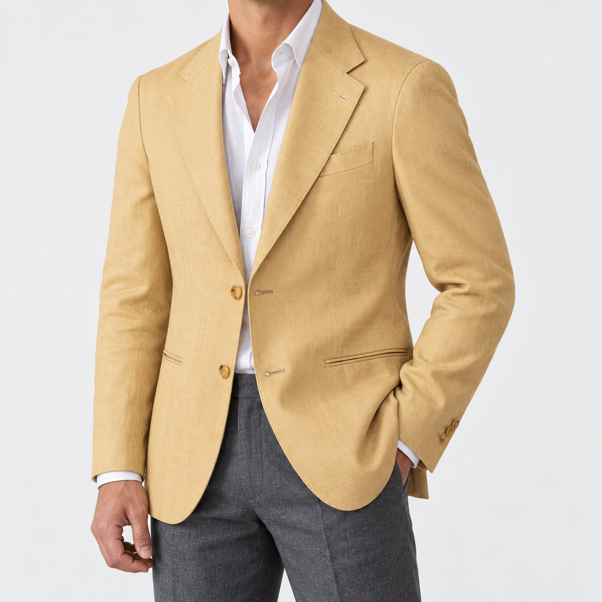 Leo linen cotton blend casual suit jacket in yellow, side worn view