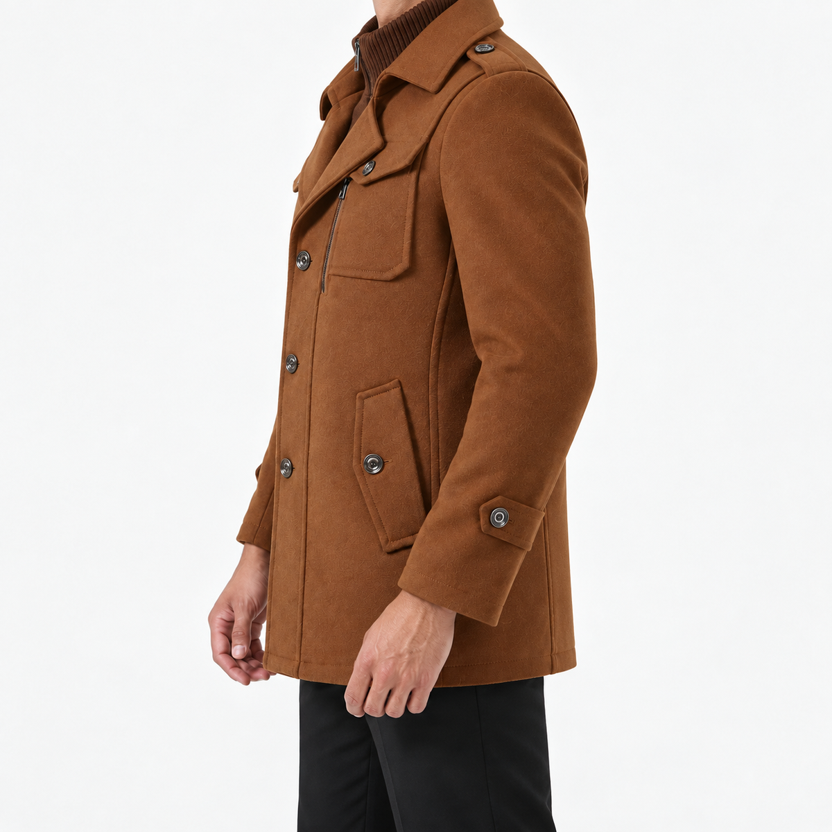 Button front coat with shoulder tabs and zip chest detail in camel — male model side view