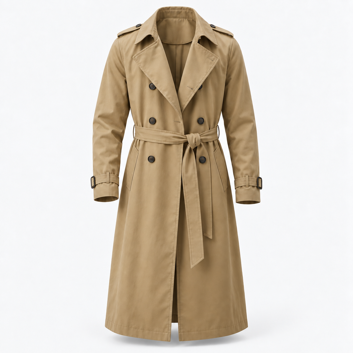 Long double breasted trench coat with a belt in khaki — product view