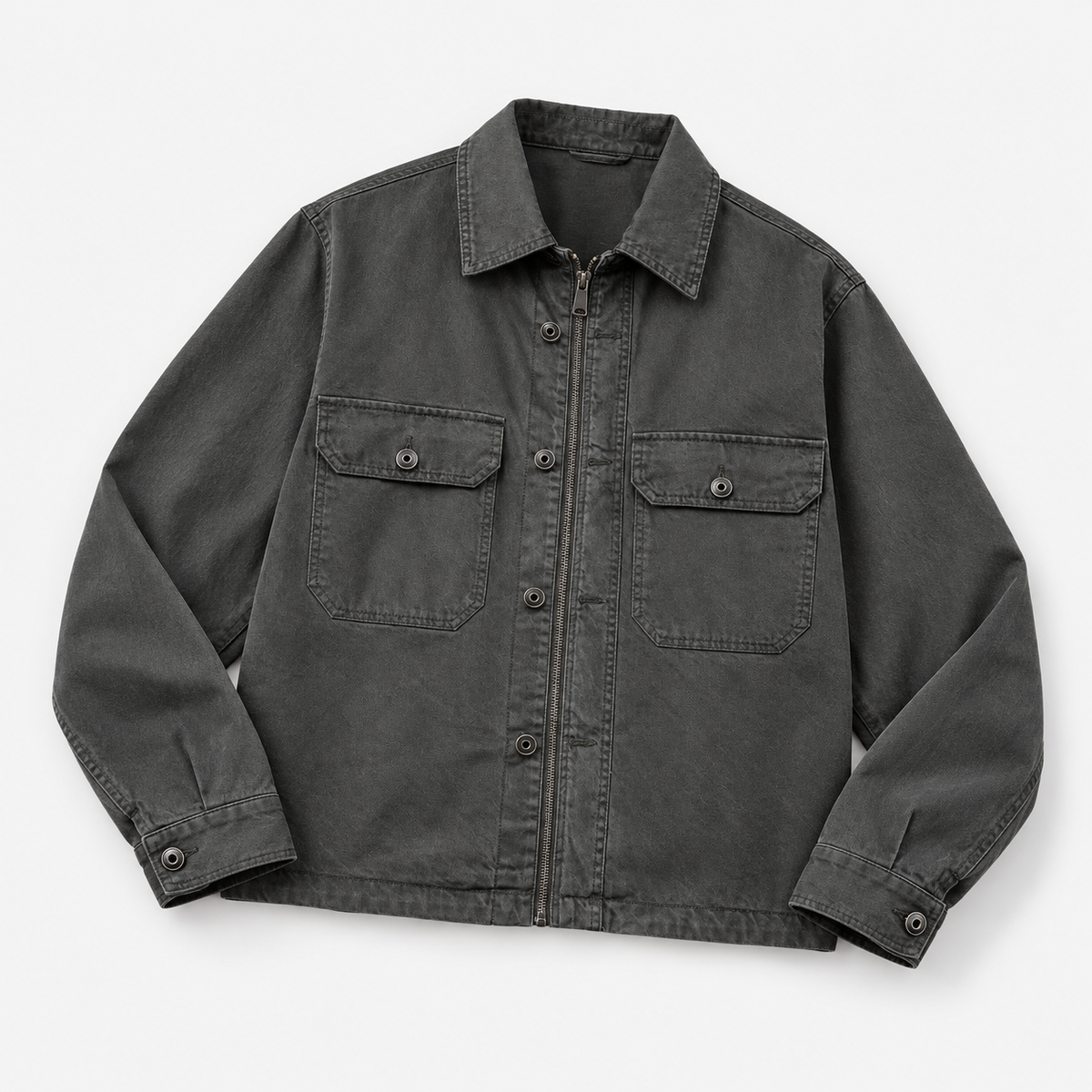 Washed cotton utility jacket with a zip front in charcoal — product view