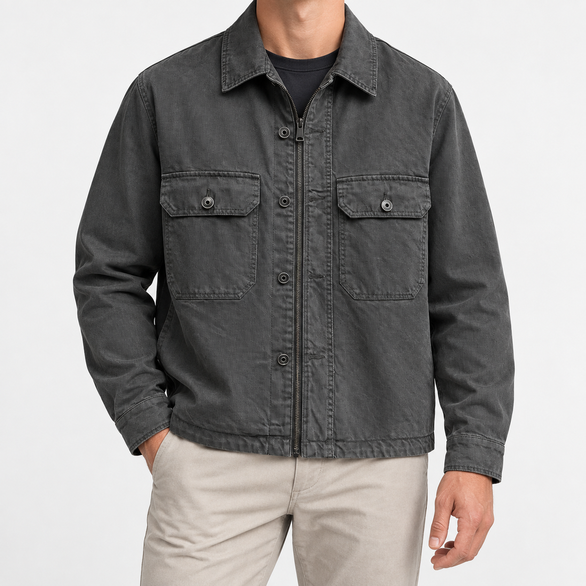 Washed cotton utility jacket with a zip front in charcoal — front view on a male model