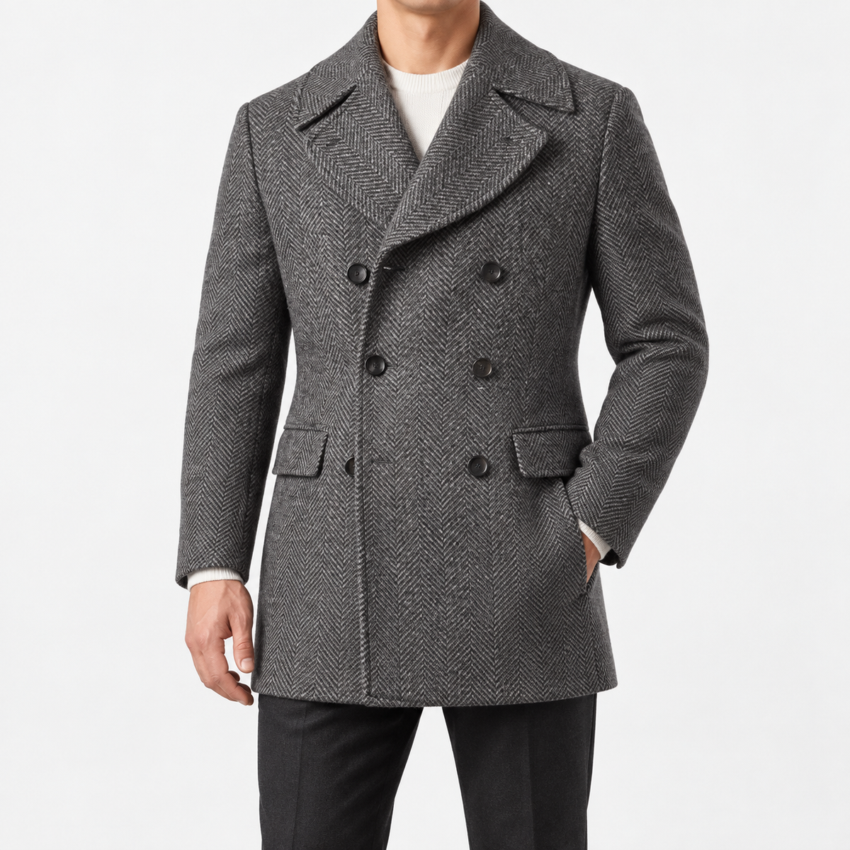 Herringbone double breasted coat with wide lapels in gray — male model front view