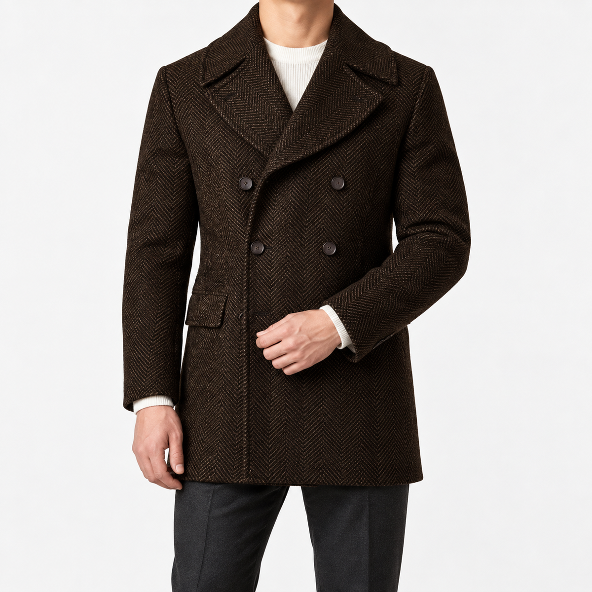 Herringbone double breasted coat with wide lapels in dark brown — male model front view