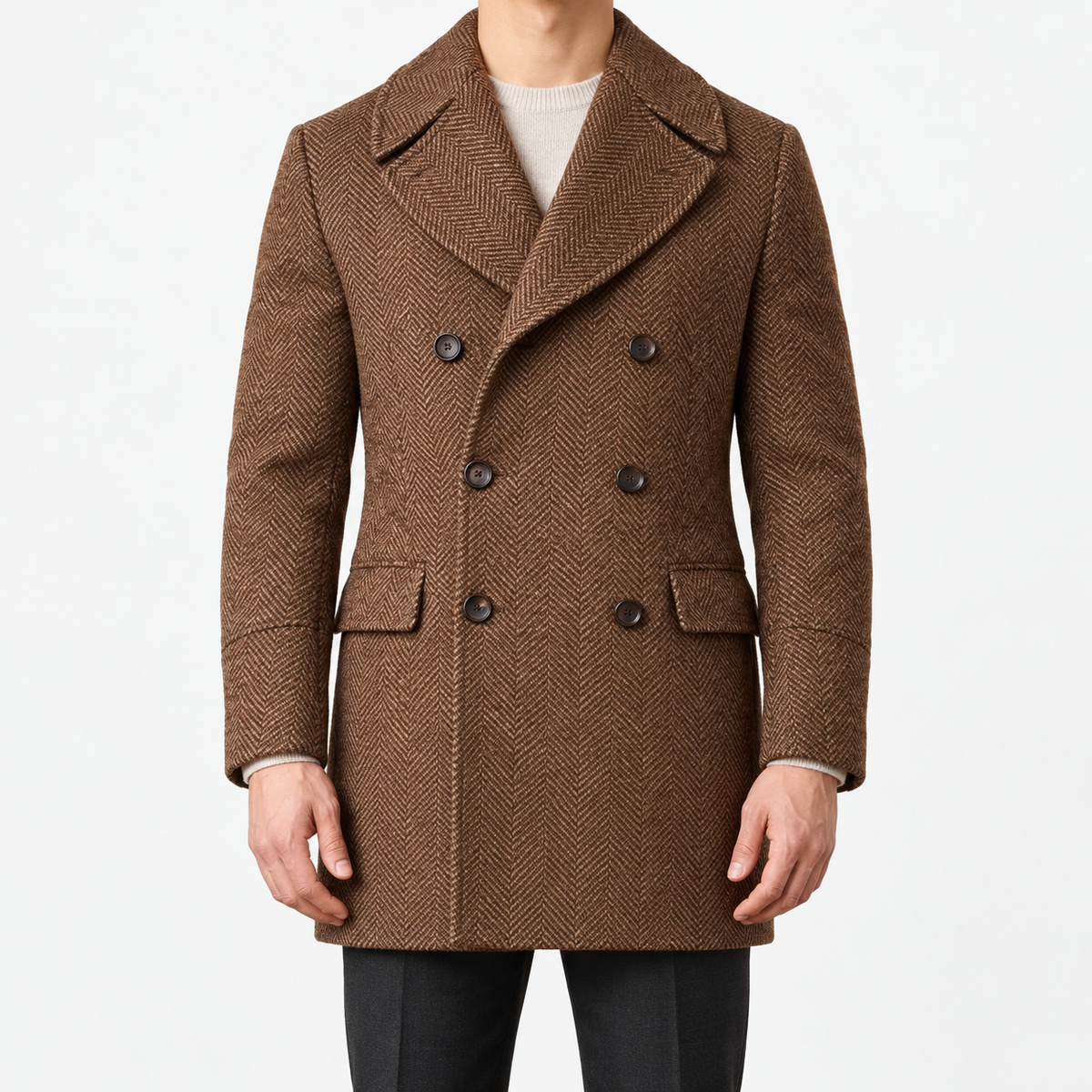 Herringbone double breasted coat with wide lapels in brown — male model front view