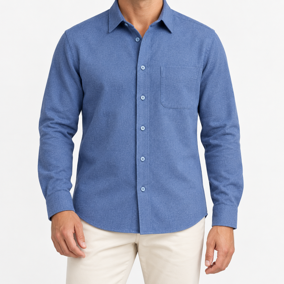 Brushed cotton flannel shirt with a chest pocket in blue on a male model front view