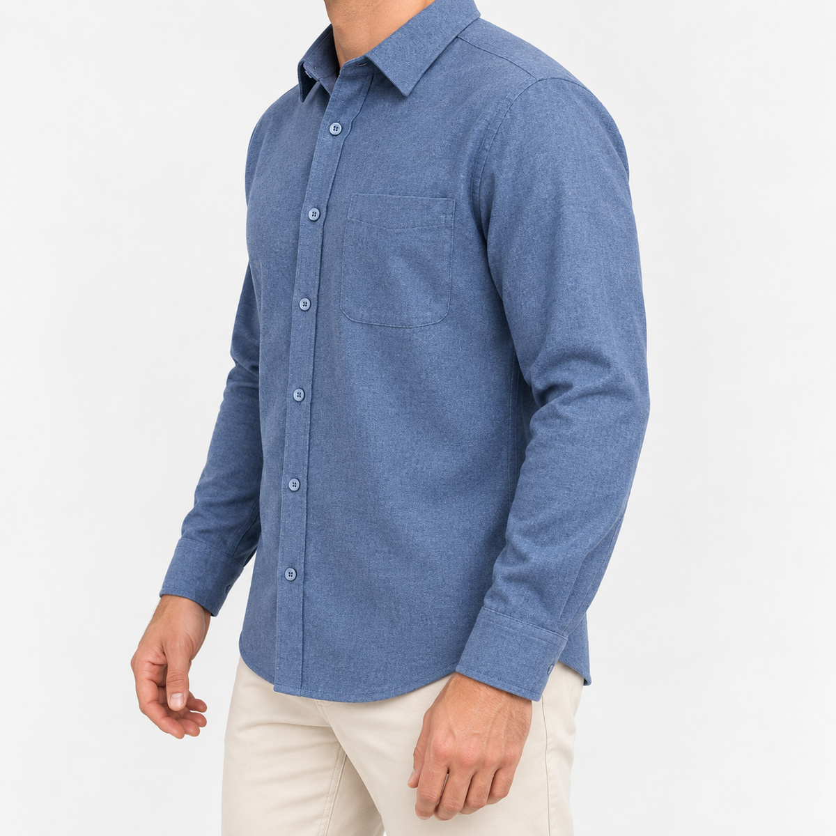 Brushed cotton flannel shirt with a chest pocket in blue on a male model side view
