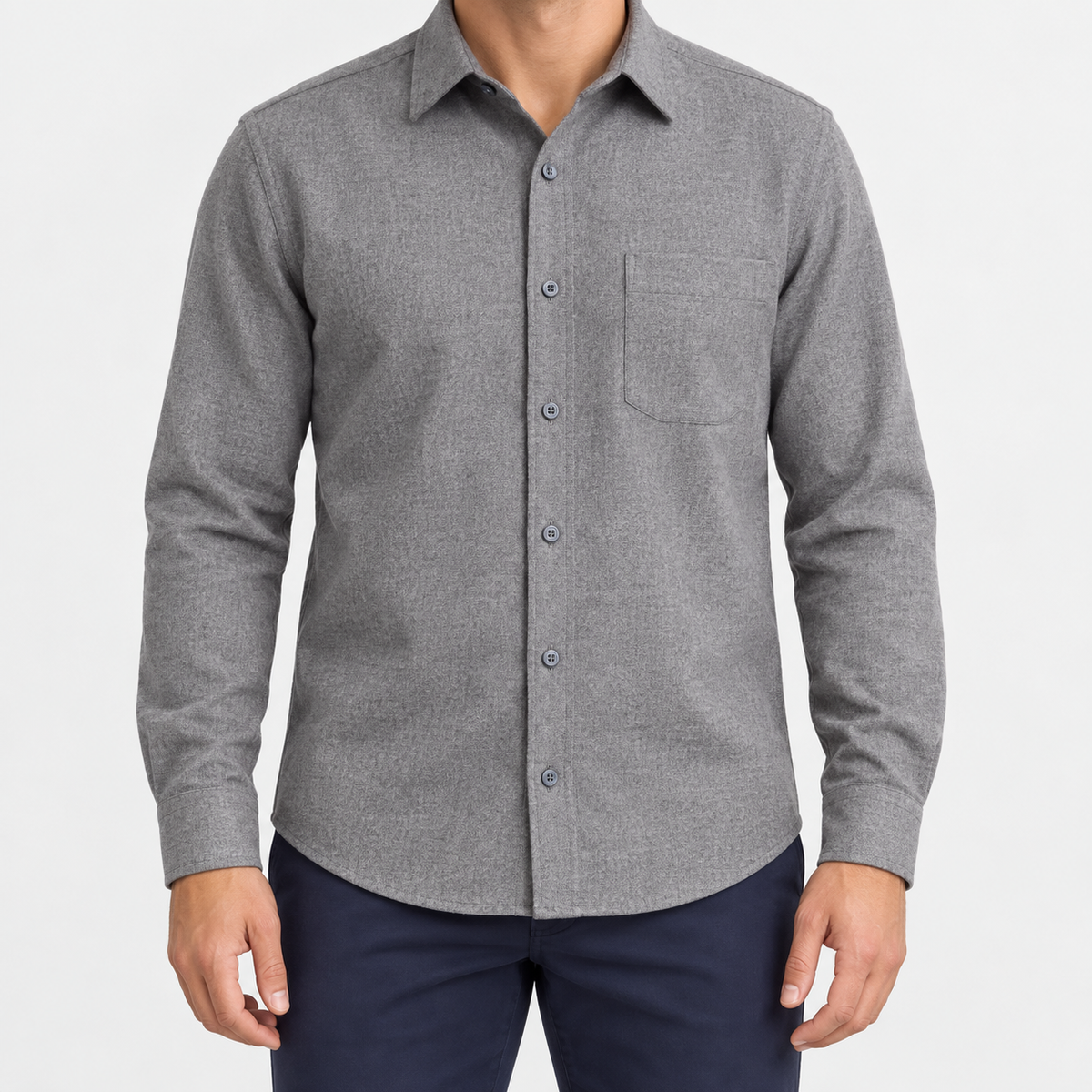 Brushed cotton flannel shirt with a chest pocket in gray on a male model front view