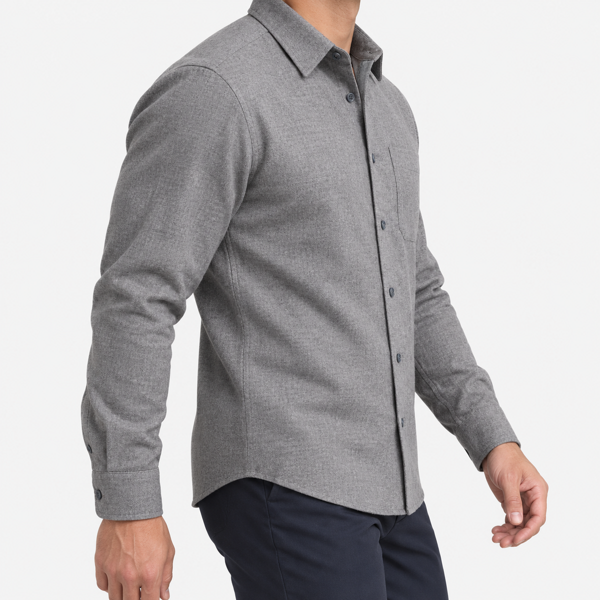Brushed cotton flannel shirt with a chest pocket in gray on a male model side view
