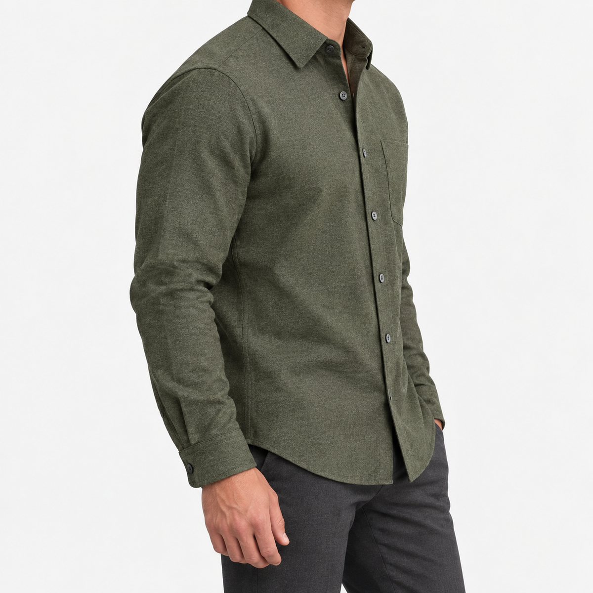 Brushed cotton flannel shirt with a chest pocket in olive on a male model side view