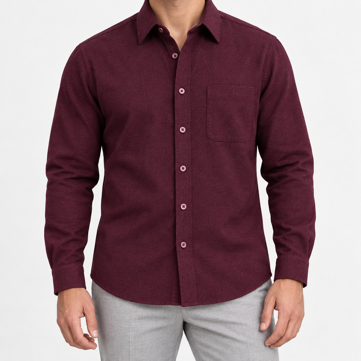 Brushed cotton flannel shirt with a chest pocket in burgundy on a male model front view