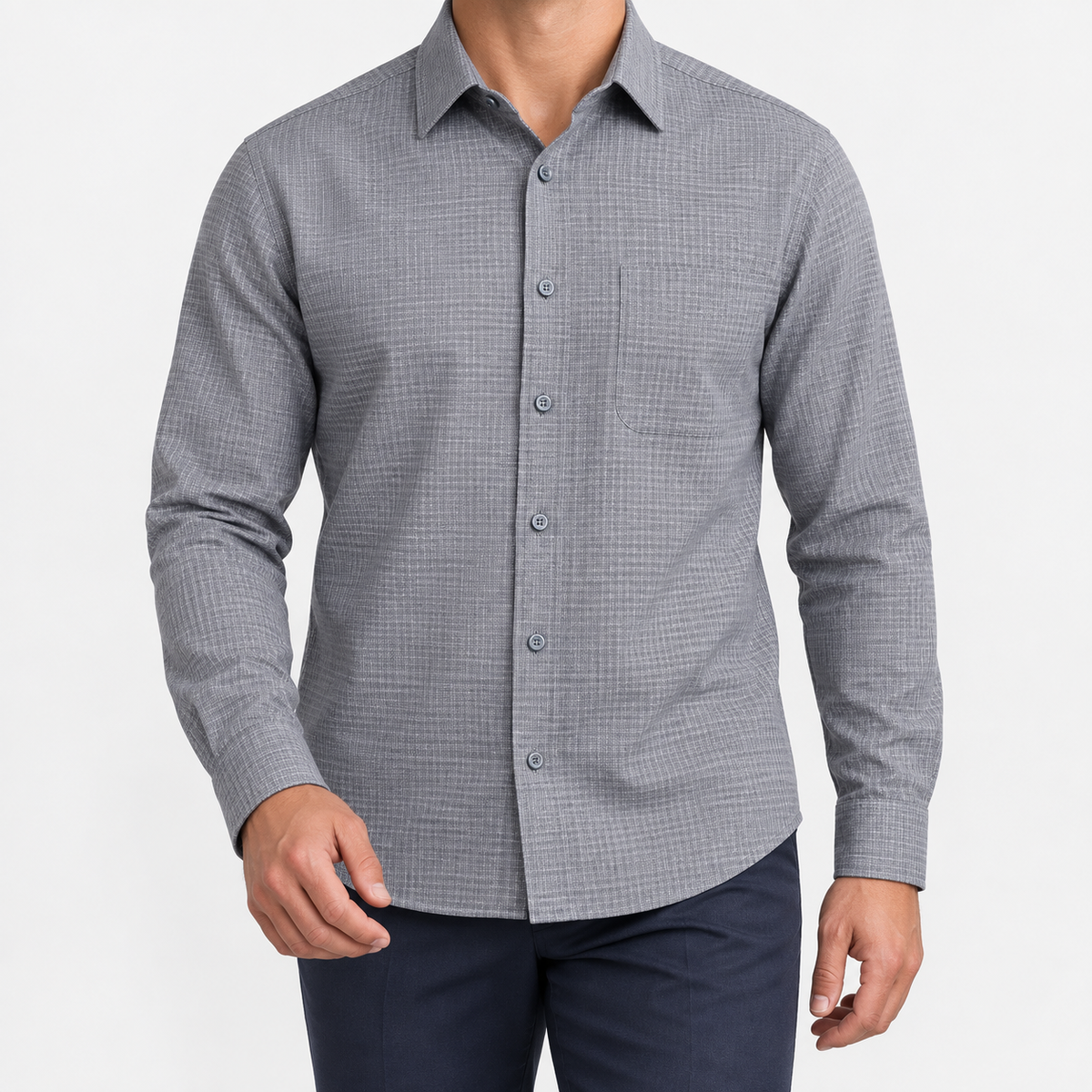 Brushed cotton flannel shirt with a chest pocket in gray microcheck on a male model front view