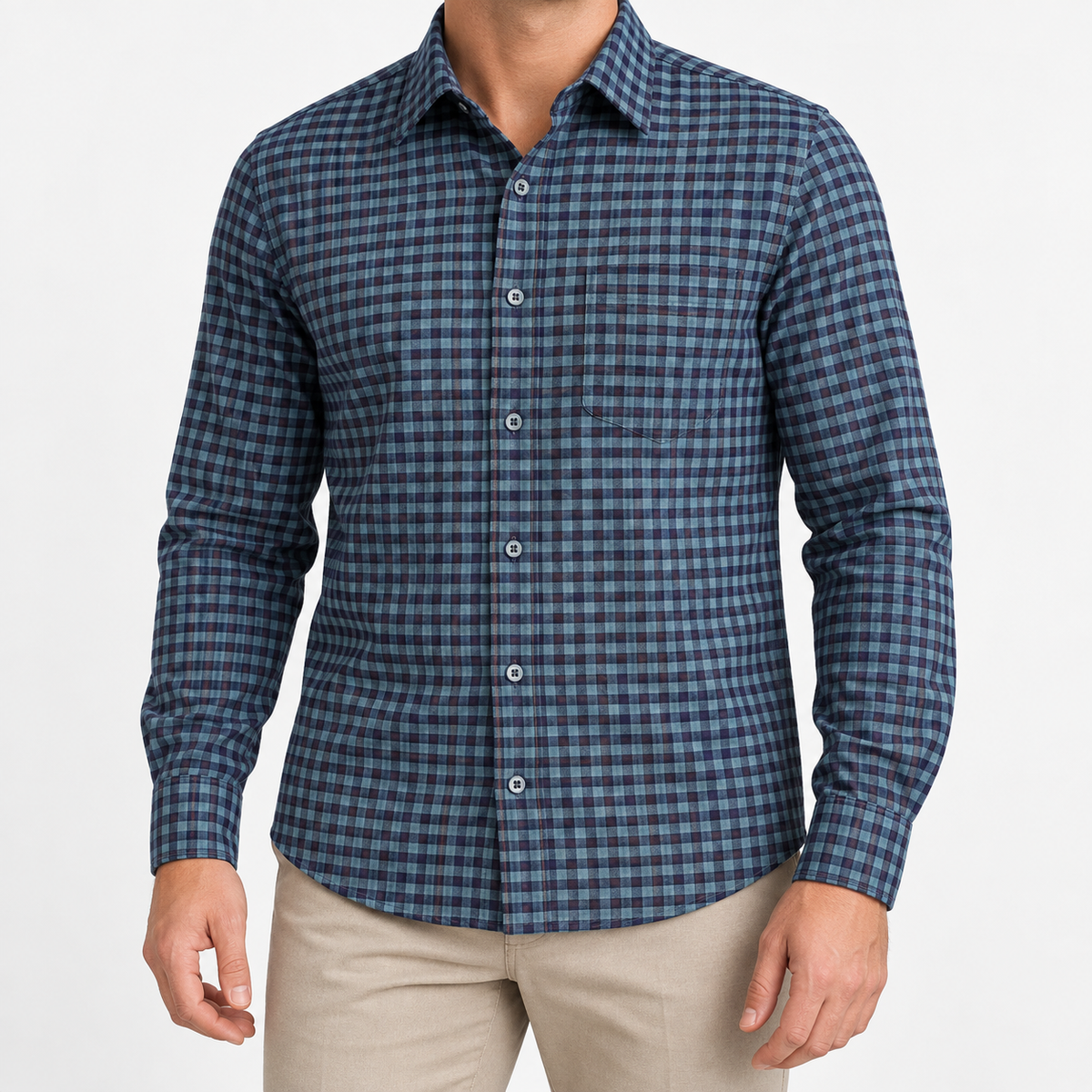 Brushed cotton flannel shirt with a chest pocket in blue gingham on a male model front view