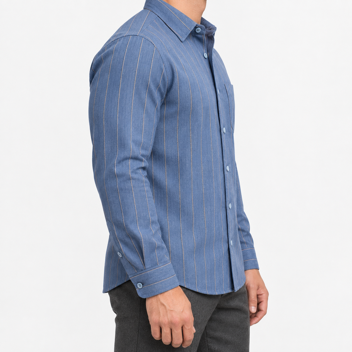 Brushed cotton flannel shirt with a chest pocket in blue stripe on a male model side view