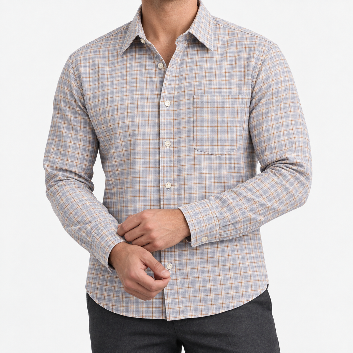 Pure cotton oxford shirt with a chest pocket in light gray and tan check on a male model front view