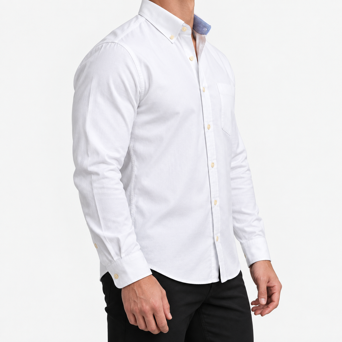 Pure cotton oxford shirt with a chest pocket in white on a male model side view