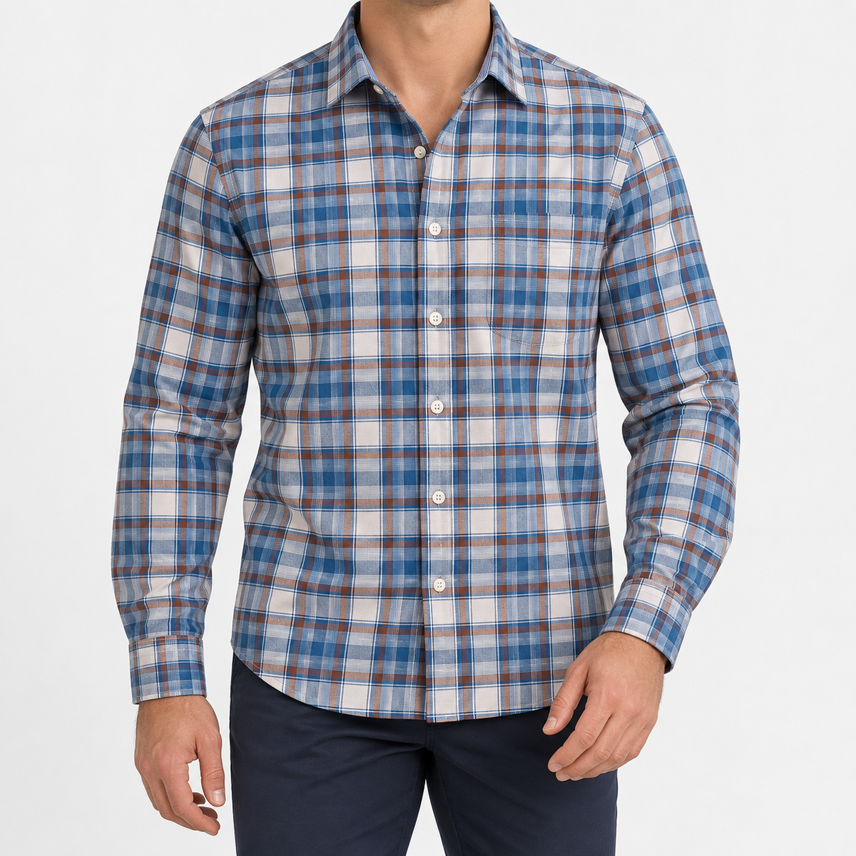Pure cotton oxford shirt with a chest pocket in blue and brown plaid on a male model front view