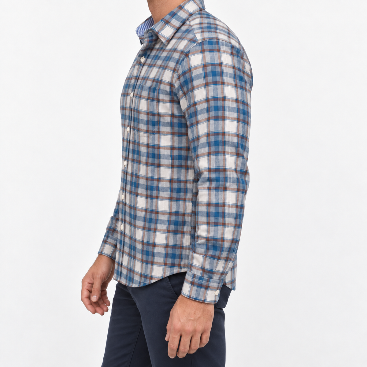 Pure cotton oxford shirt with a chest pocket in blue and brown plaid on a male model side view