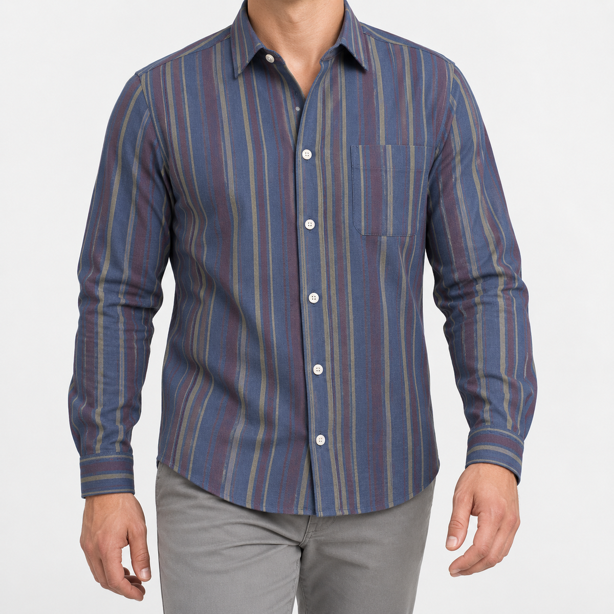 Pure cotton oxford shirt with a chest pocket in slate blue stripe on a male model front view