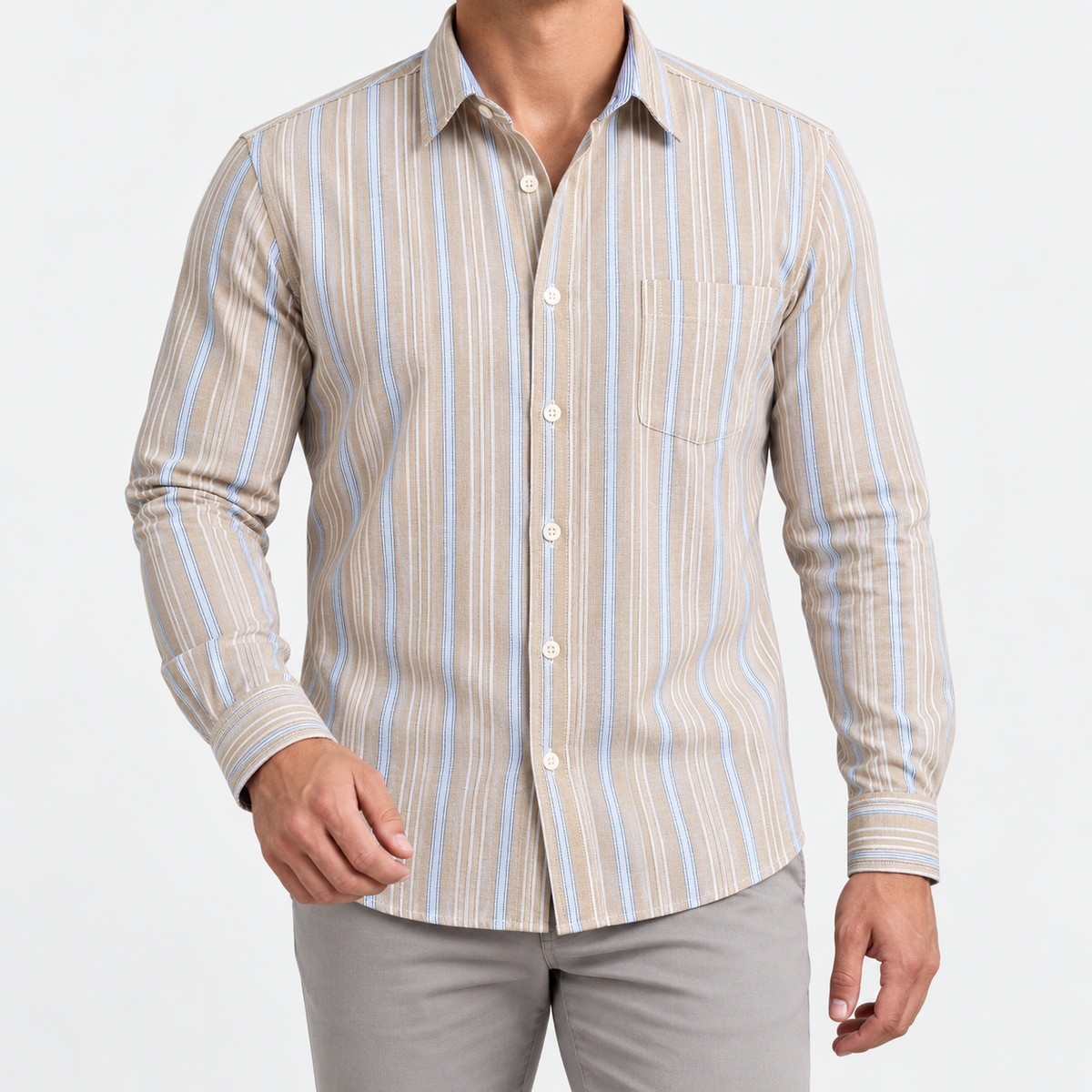 Pure cotton oxford shirt with a chest pocket in beige multistripe on a male model front view