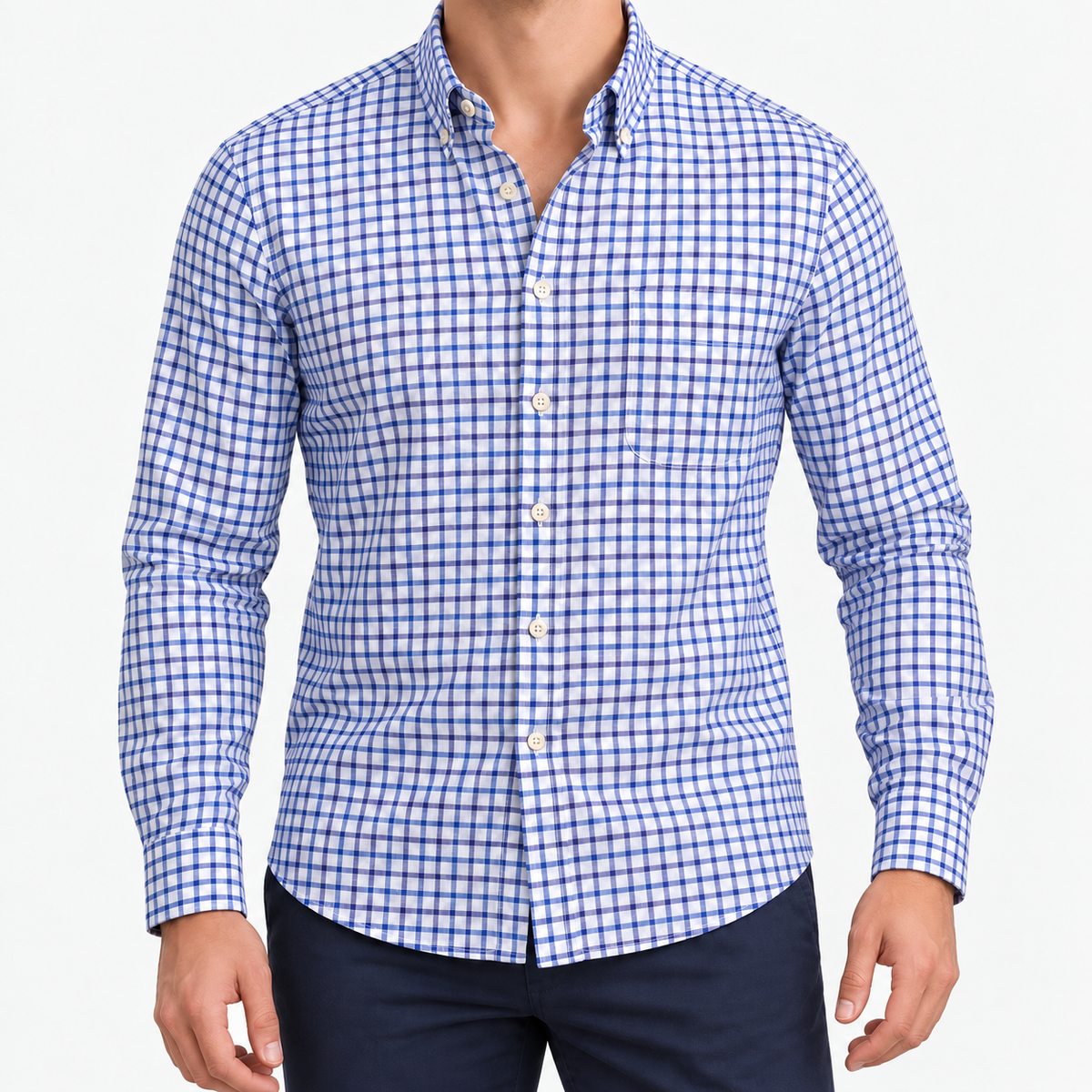 Pure cotton oxford shirt with a chest pocket in blue grid check on a male model front view