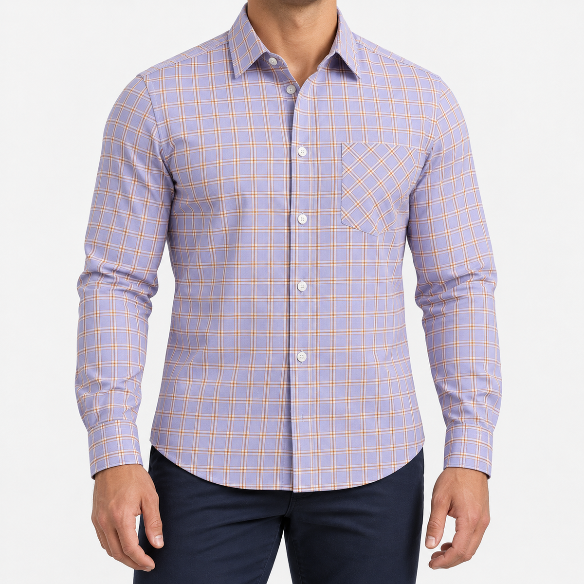 Slim cotton blend shirt with a chest pocket in lilac and tan check on a male model front view