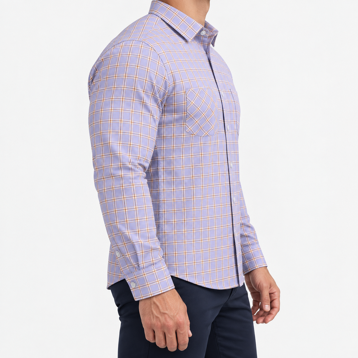 Slim cotton blend shirt with a chest pocket in lilac and tan check on a male model side view