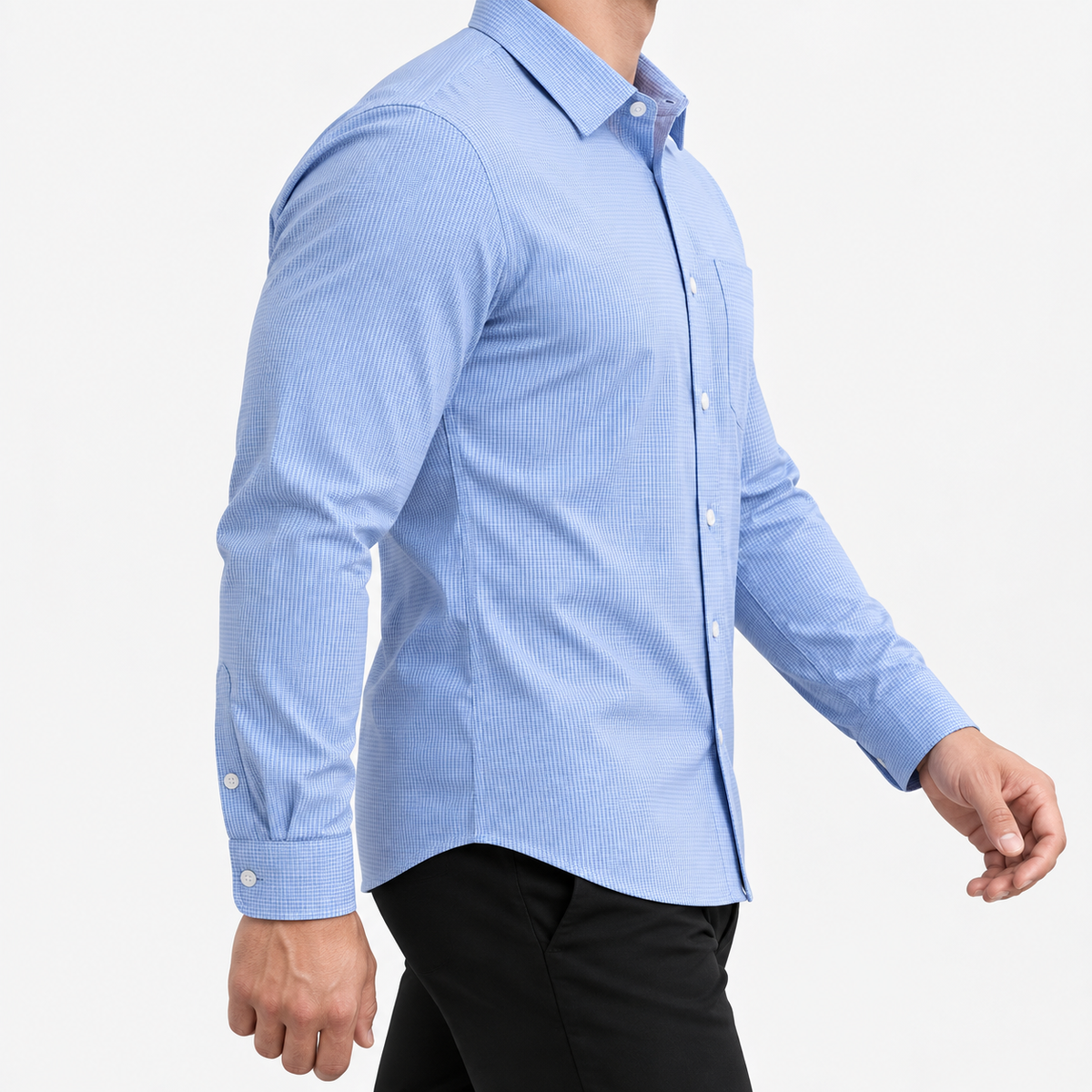 Slim cotton blend shirt with a chest pocket in light blue microcheck on a male model side view